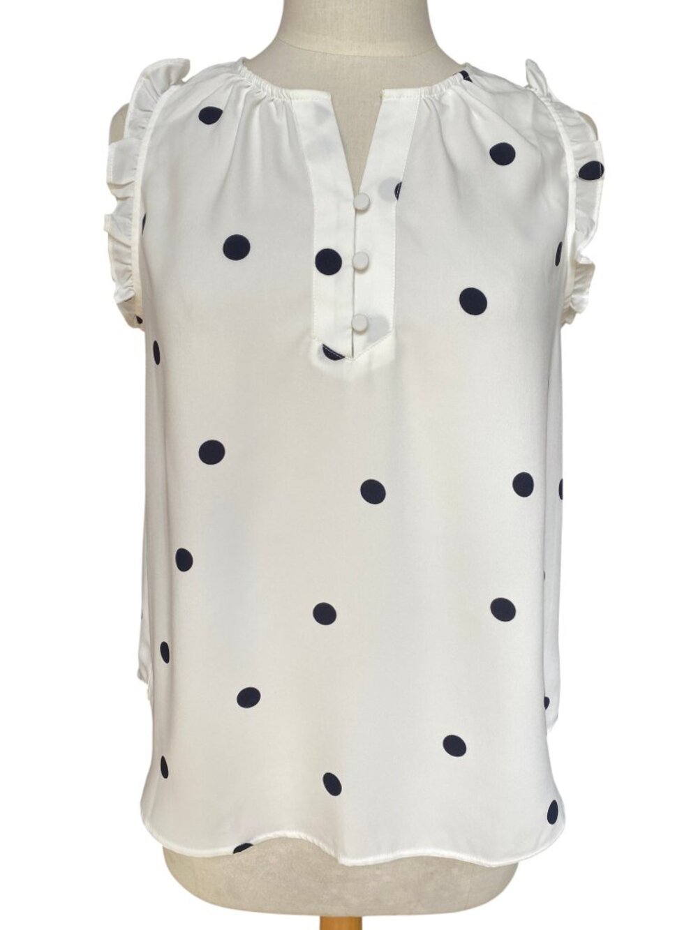 Loft Outlet Polka Dot Ruffle Sleeve Blouse Navy White Office French Girl Paris-S